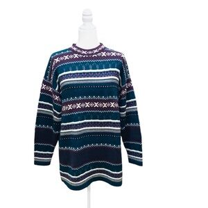 Vintage Sweater Teal Purple Stripes Mock Neck Apres Ski 80s Retro Size Medium